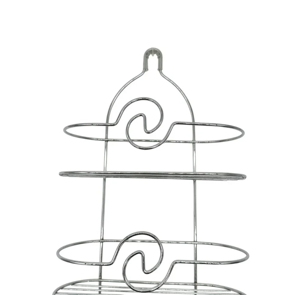 3-Tier Silver Chrome Shower Caddy Hooks & Swirl Design For Bathroom Organization